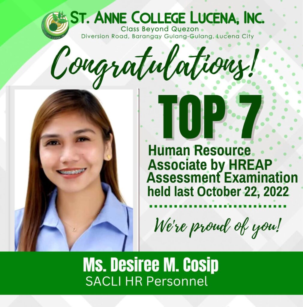 MS. COSIP LANDED THE TOP 7 SPOT IN THE HREAP ASSESSMENT EXAMINATION