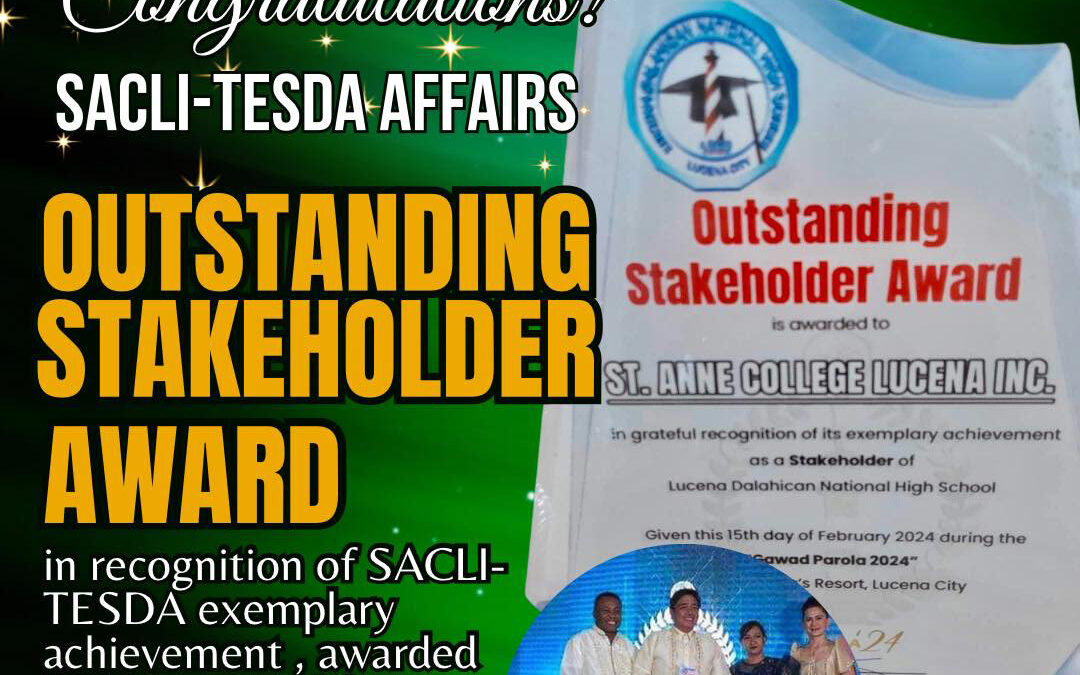 SACLI-TESDA AFFAIRS RECEIVES THE OUTSTANDING STAKEHOLDER AWARD AS A JDVP PARTNER SCHOOL